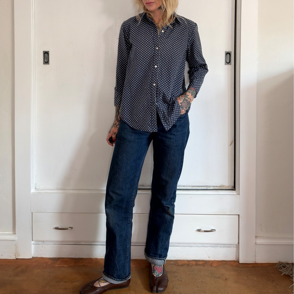 Lauren Ralph Lauren Navy Blue Polka Dot Non-Iron Cotton Button Down Shirt Large